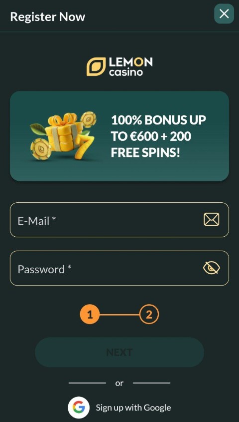Hozz létre új fiókot a Lemon Casino appban e-maillel vagy Google-lel